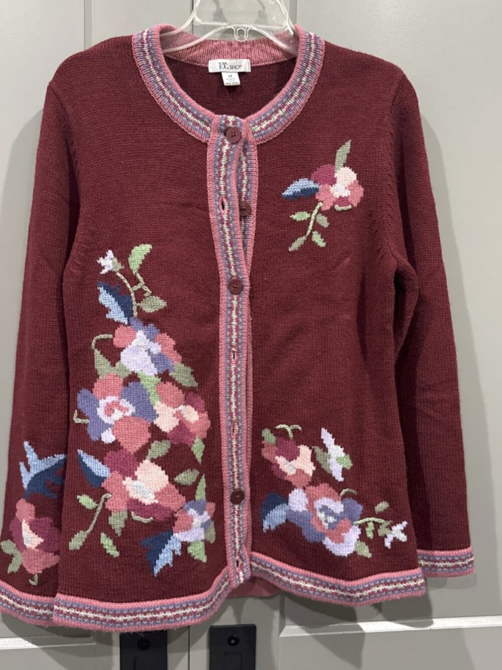 TOG SHOP Women's Medium Wool Blend Maroon Cardigan Sweater Embellished Flowers